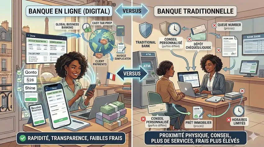 comparison of digital banks and traditional banks in France for expats
