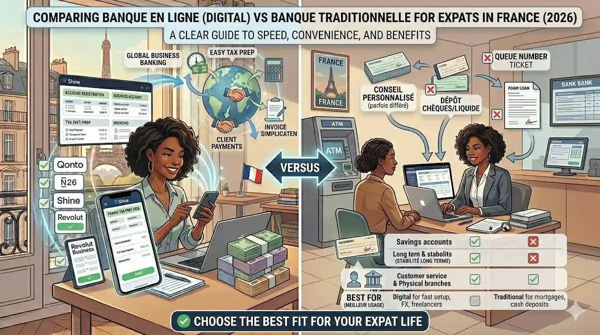 Best banks in France for expats 2026 – digital vs traditional banking comparison infographic