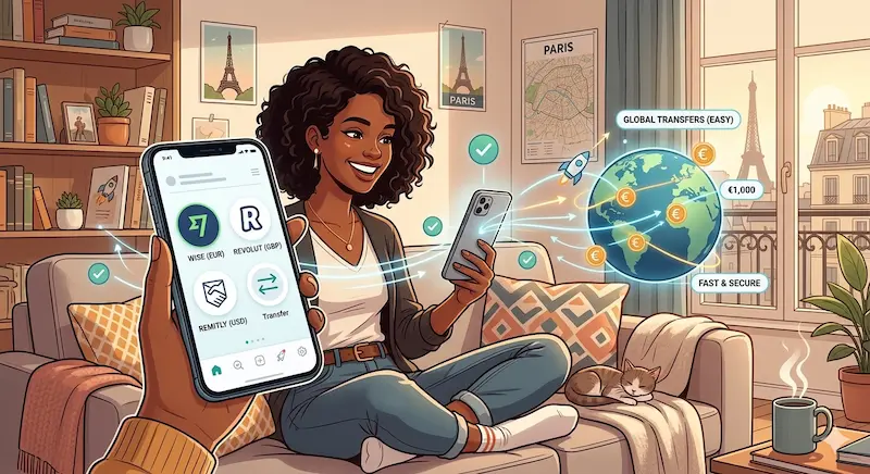 Expat using smartphone apps like Wise, Revolut, Remitly to send money from France