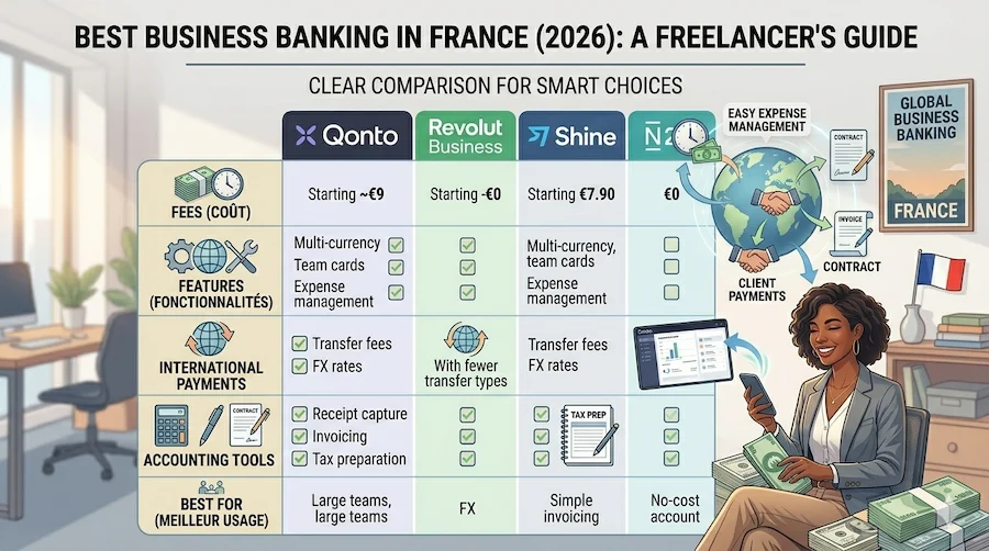 Infographic showing the best bank account for freelancers in France: Qonto, Revolut Business, Shine, and N26 compared for features and fees.