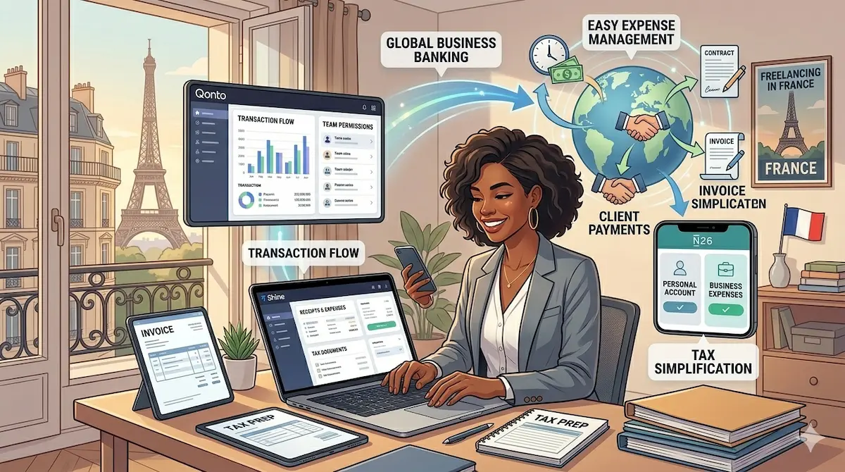 freelancer in France using digital business bank accounts like Qonto Revolut Shine N26