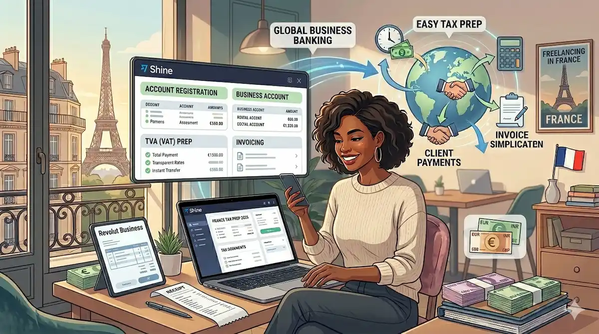 expat in France using digital banking app on laptop in a Paris cafe