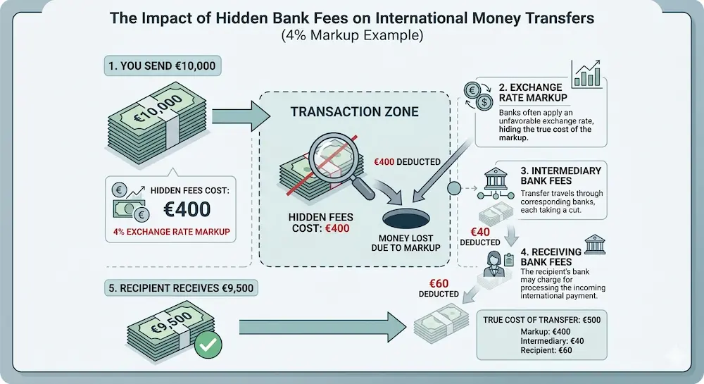 example of hidden bank fees showing 4 percent exchange rate markup on international transfers from France