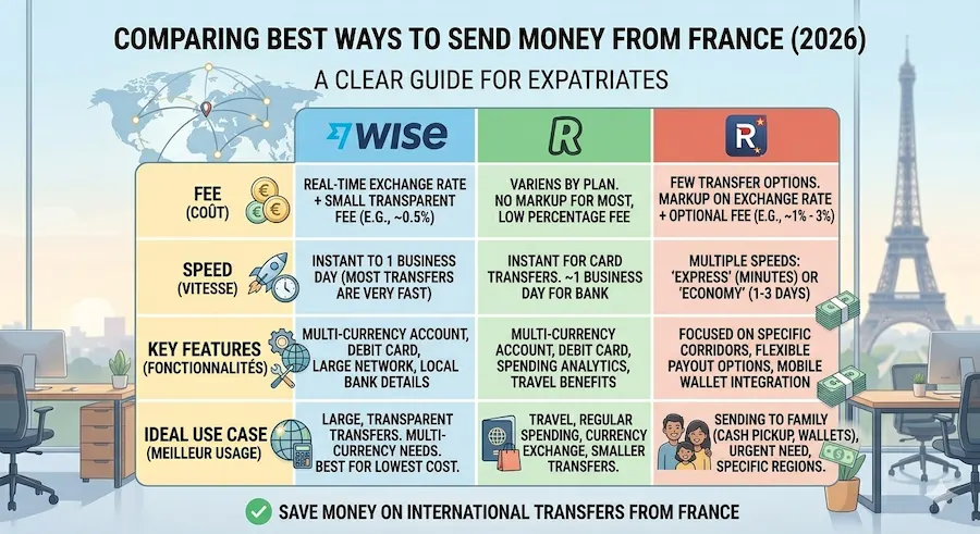 Comparison infographic of Wise, Revolut, and Remitly showing fees, speed, and features