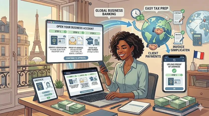 Freelancer opening a bank account for in France online with identity verification and document submission.