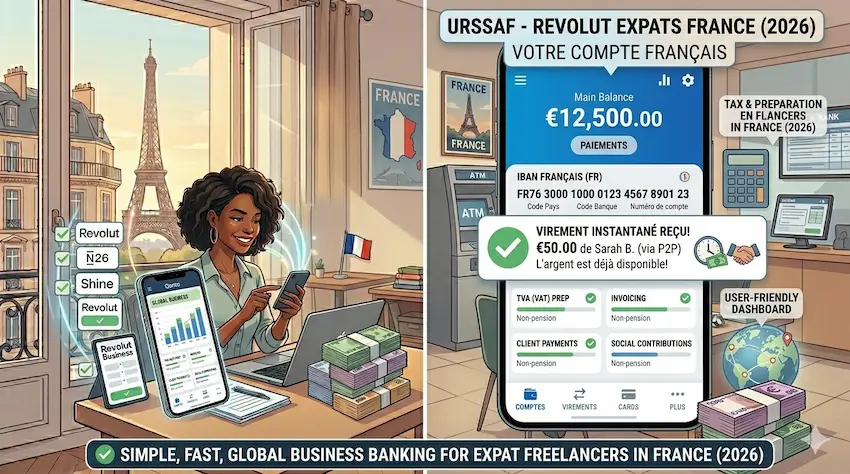 Revolut app on smartphone showing French IBAN and payments for expats