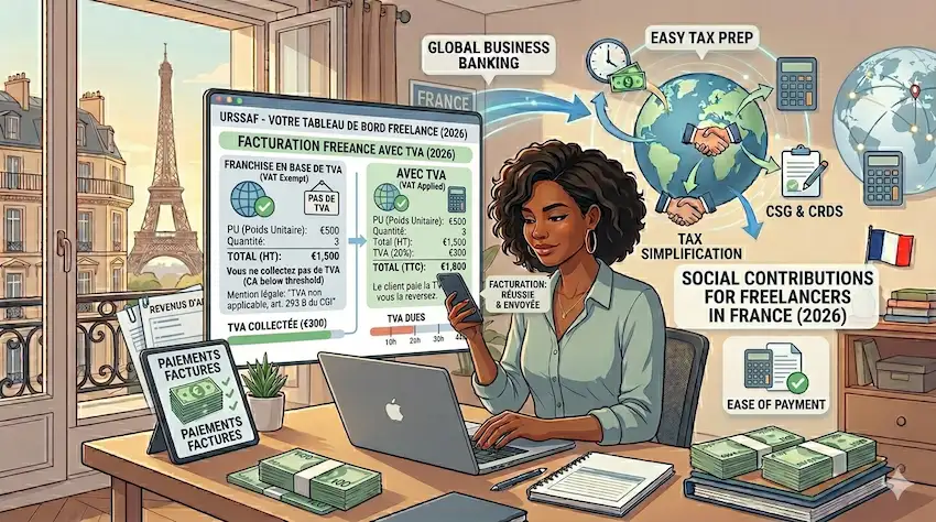 Freelancer invoice in France showing VAT TVA calculation and tax breakdown